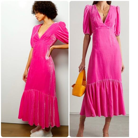 Rhode Pink Ester V-Neck Puff Sleeve Velvet Dress in Jaipur pink size 6 - Picture 1 of 7